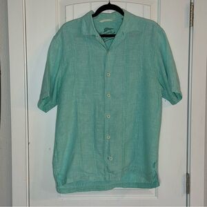 Men's Sea Glass Green Tommy Bahama Short Sleeve Linen Button Up, Size Medium